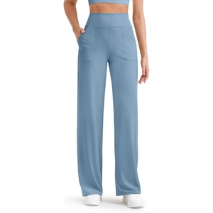 G4Free Ribbed Knit Wide Leg Pants Women with Pockets Lightweight Stretchy | Breathable, Moisture Wicking, Elastic Waist, High Rise, Loose Fit, for Casual Travel Yoga(Dusty Blue)