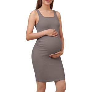 G4Free Ribbed Maternity Dress Square Neck Pregnancy Sleeveless Midi Bodycon | Elastic Ruched Sides for Growing Bump,Breathable Fabric for Summer,High Stretch,U Back,Knee Length,for Casual or Formal(Taupe)
