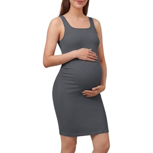 G4Free Ribbed Maternity Dress Square Neck Pregnancy Sleeveless Midi Bodycon | Elastic Ruched Sides for Growing Bump,Breathable Fabric for Summer,High Stretch,U Back,Knee Length,for Casual or Formal(Dark Gray)