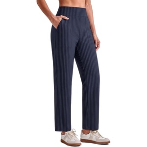 G4Free ShiftReady Women’s Ankle Dress Yoga Pants Work Casual Travel Trouser | Two Side Pockets, Mock Fly, Straight Leg, Sleek and Drapey, Moisture Absorption, Wrinkle-Resistant(Dark Navy Pinstripe)