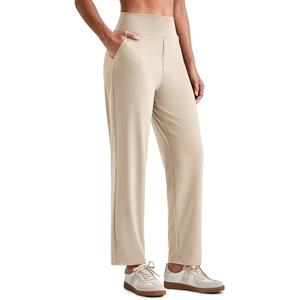 G4Free ShiftReady Women’s Ankle Dress Yoga Pants Work Casual Travel Trouser | Two Side Pockets, Mock Fly, Straight Leg, Sleek and Drapey, Moisture Absorption, Wrinkle-Resistant(Light Khaki)