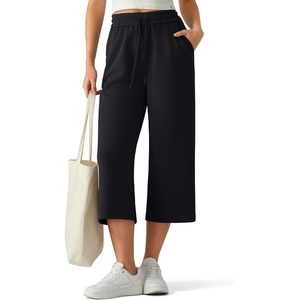 G4Free Smoofit Capri Pants for Women Drawstring Wide Leg Summer Pants Side Slit Casual Pants with Pockets(Black)