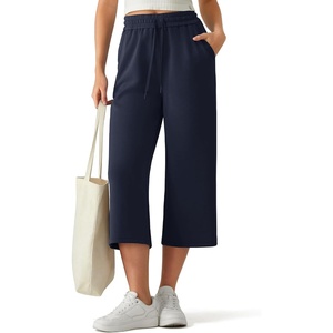G4Free Smoofit Capri Pants for Women Drawstring Wide Leg Summer Pants Side Slit Casual Pants with Pockets(Dark Blue)