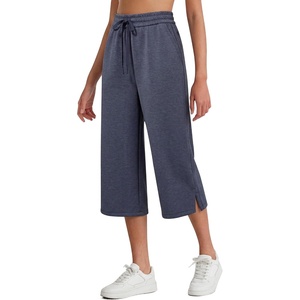 G4Free Smoofit Capri Pants for Women Drawstring Wide Leg Summer Pants Side Slit Casual Pants with Pockets(Denim Heather)