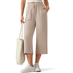 G4Free Smoofit Capri Pants for Women Drawstring Wide Leg Summer Pants Side Slit Casual Pants with Pockets(Light Khaki)
