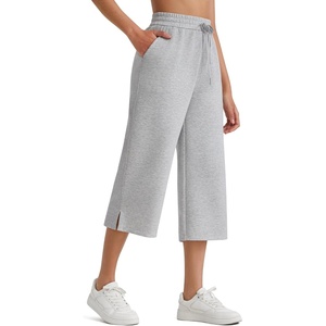 G4Free Smoofit Capri Pants for Women Drawstring Wide Leg Summer Pants Side Slit Casual Pants with Pockets(Medium Heather)