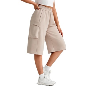 G4Free Smoofit Modal Soft Capri Pants for Women 13″ Knee Length Wide Leg Cargo Sweatpants Travel Casual Bermuda Shorts(Light Khaki)