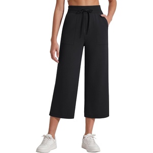 G4Free Smoofit Wide Leg Capri Pants for Women High Waisted Drawstring Summer Pants Casual Pants with Pockets(Black)