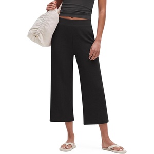 G4Free Waffle Wide Leg Capri Pants for Women – Cropped Sweatpants Casual Travel(Black)