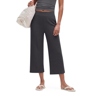 G4Free Waffle Wide Leg Capri Pants for Women – Cropped Sweatpants Casual Travel(Dark Gray)