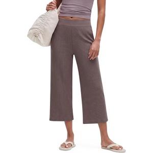 G4Free Waffle Wide Leg Capri Pants for Women – Cropped Sweatpants Casual Travel(Taupe)