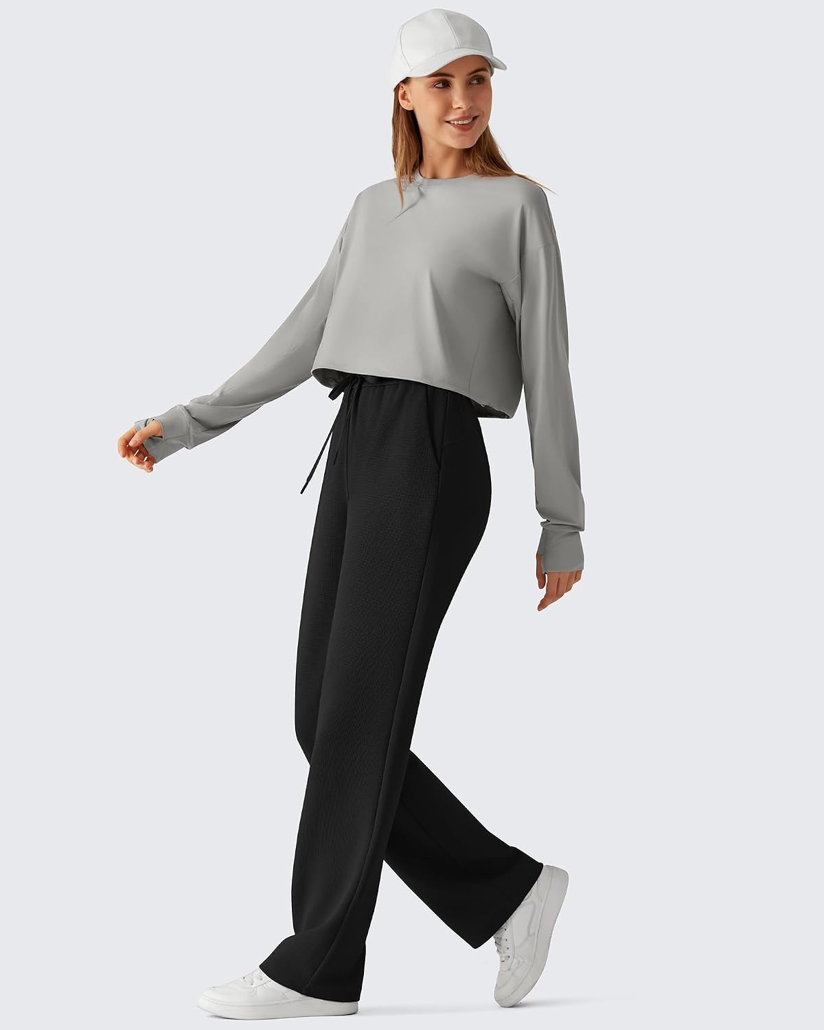 image:imageG4Free Waffle Wide Leg Casual Womens Sweatpants Comfy Lounge Pants with PocketsBlack
