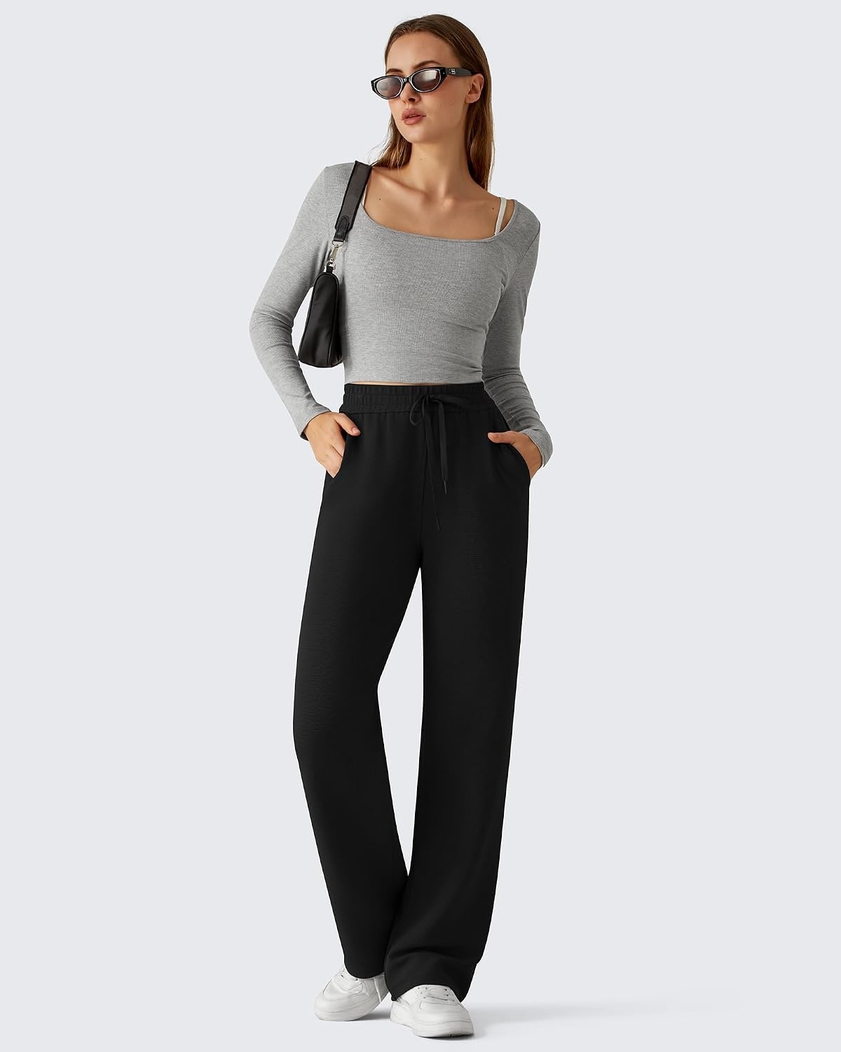 image:imageG4Free Waffle Wide Leg Casual Womens Sweatpants Comfy Lounge Pants with PocketsBlack