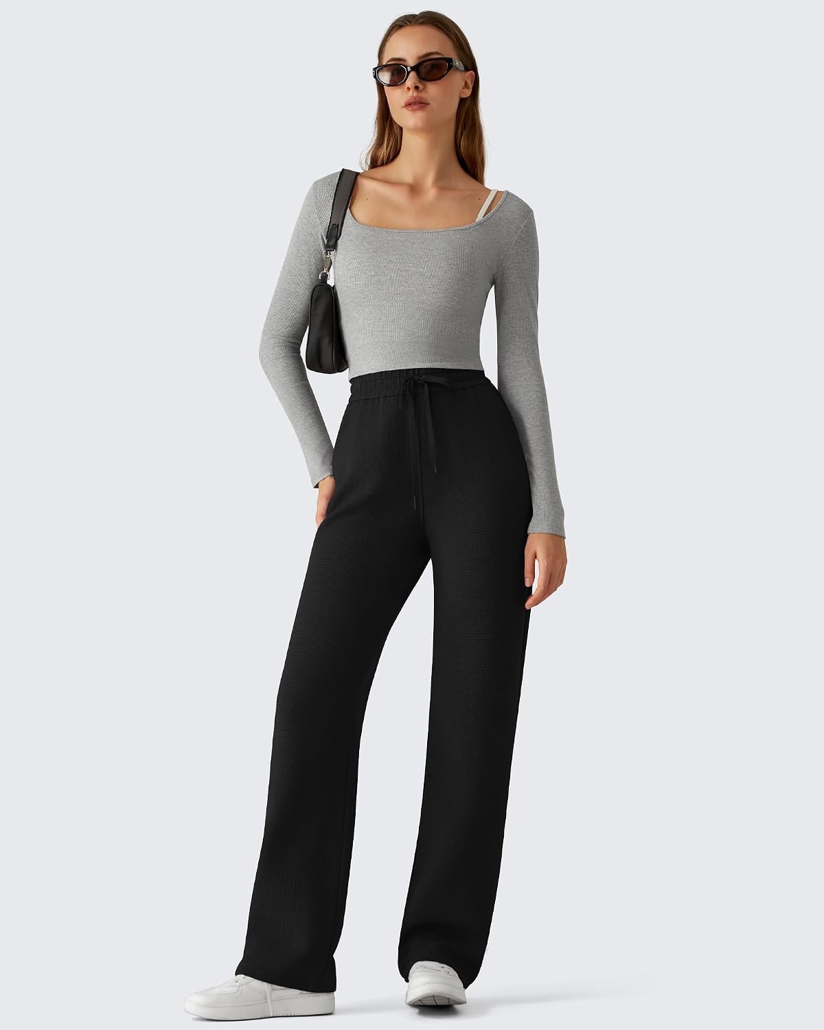 image:imageG4Free Waffle Wide Leg Casual Womens Sweatpants Comfy Lounge Pants with PocketsBlack