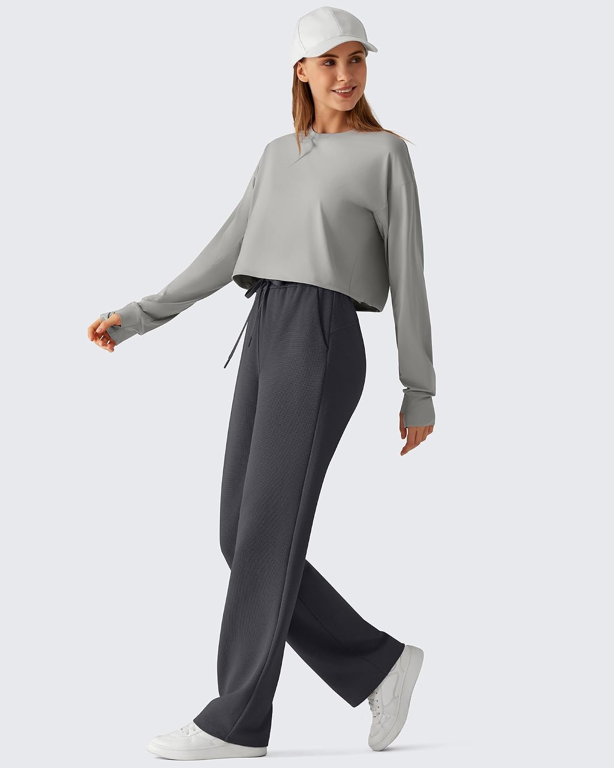 image:imageG4Free Waffle Wide Leg Casual Womens Sweatpants Comfy Lounge Pants with PocketsDark Gray