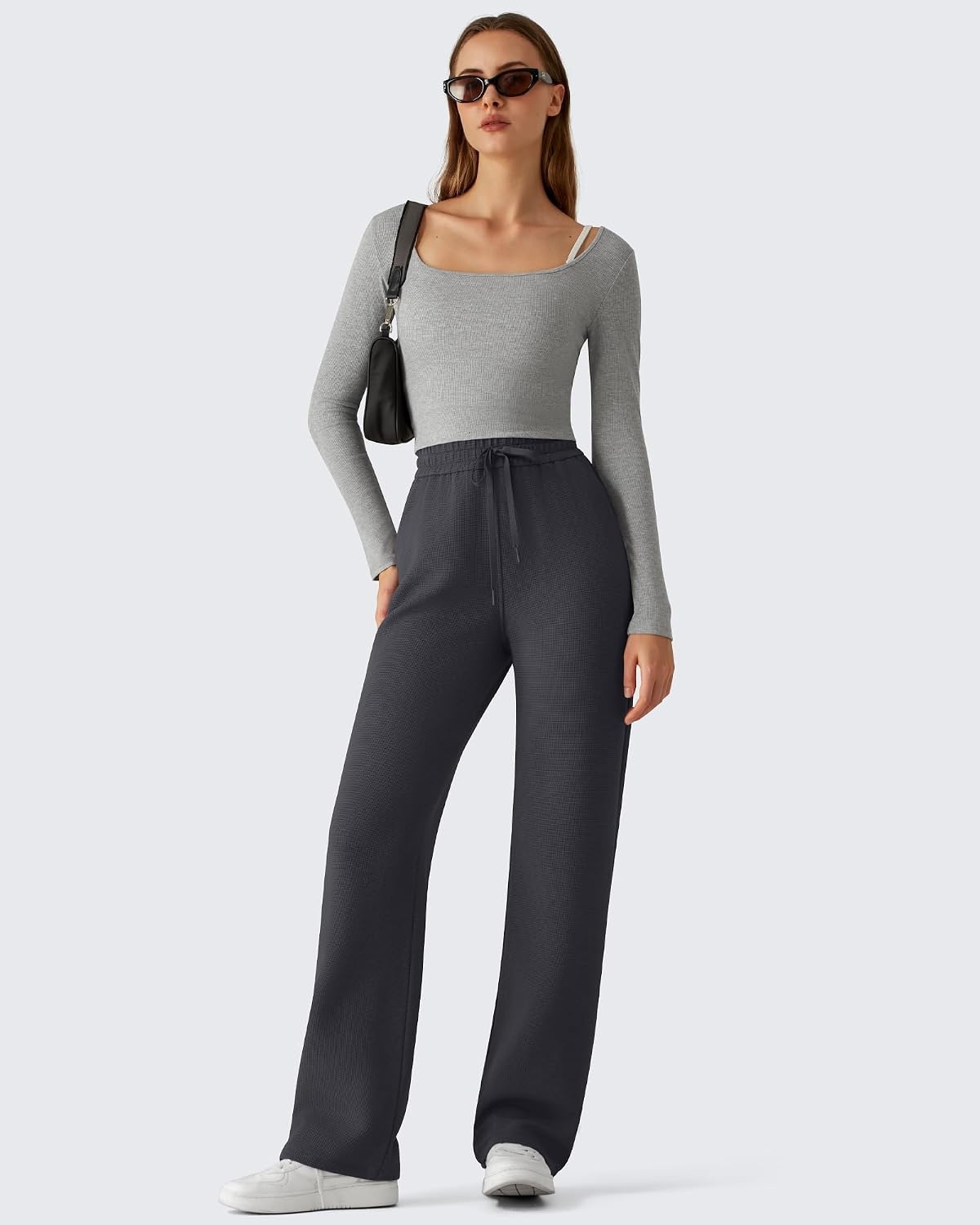 image:imageG4Free Waffle Wide Leg Casual Womens Sweatpants Comfy Lounge Pants with PocketsDark Gray