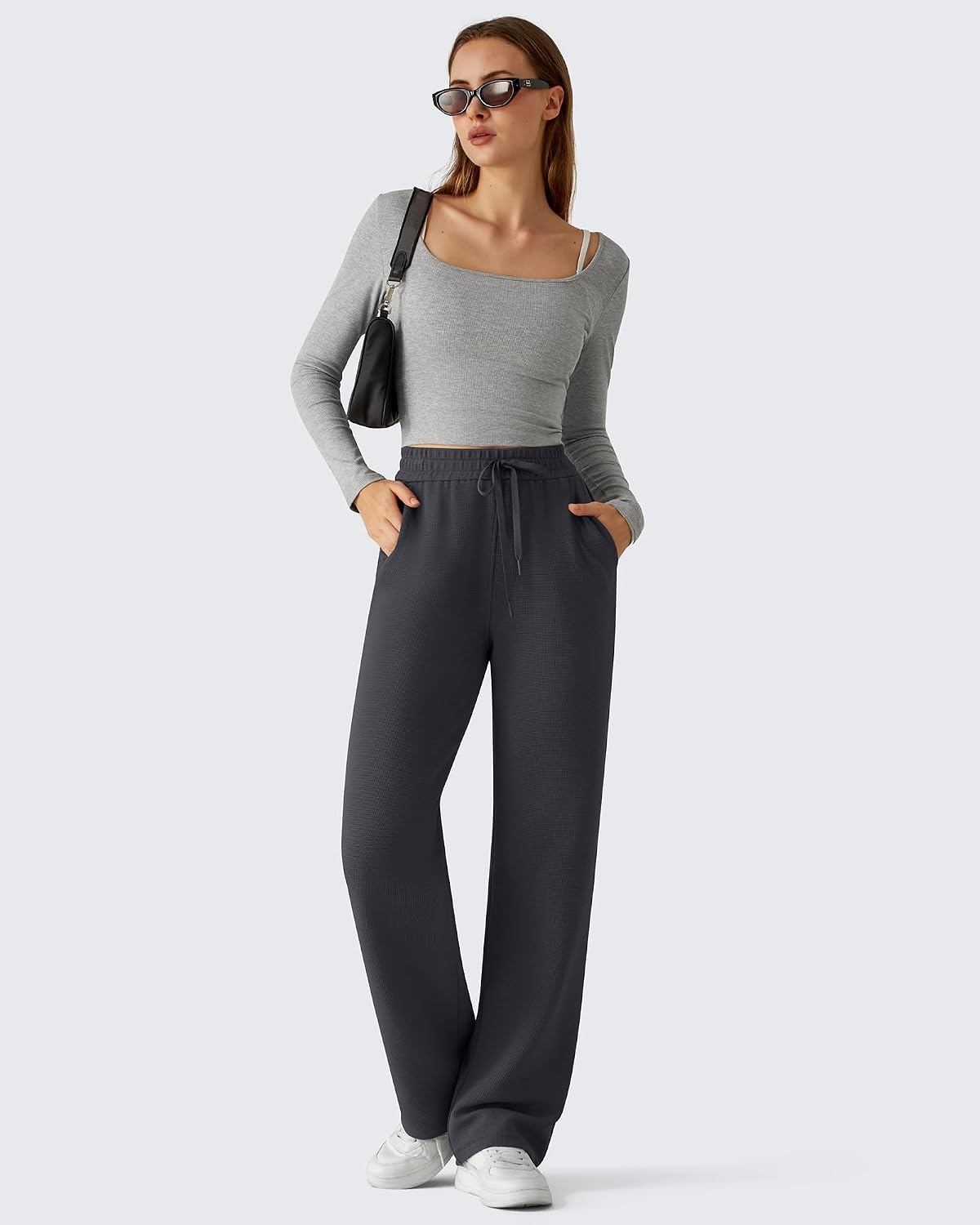 image:imageG4Free Waffle Wide Leg Casual Womens Sweatpants Comfy Lounge Pants with PocketsDark Gray
