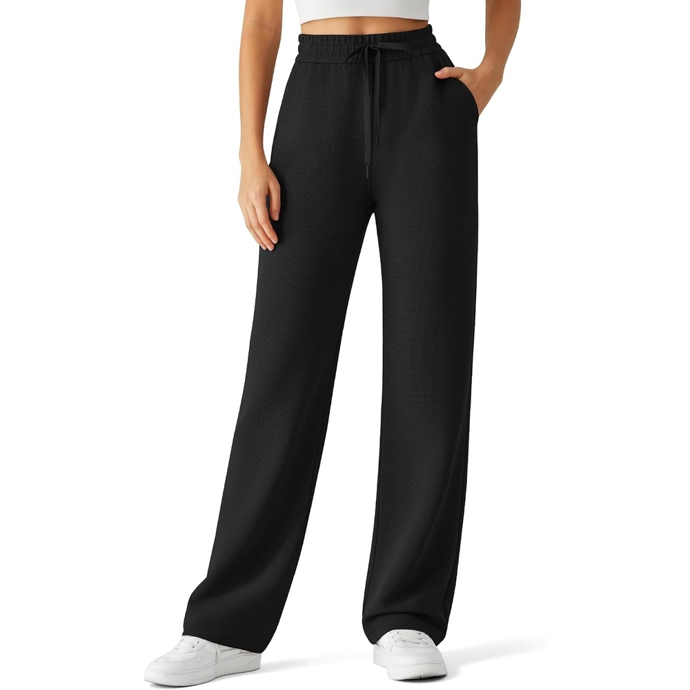 image:imageG4Free Waffle Wide Leg Casual Womens Sweatpants Comfy Lounge Pants with PocketsBlack