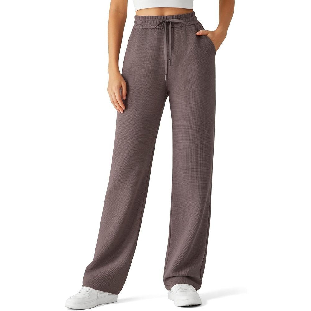 image:imageG4Free Waffle Wide Leg Casual Womens Sweatpants Comfy Lounge Pants with PocketsTaupe