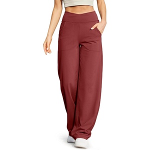 G4Free EverGoing Wide Leg Yoga Pants for Women Crossover Waist with Pockets(Dark Burgundy)