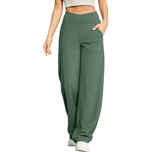 G4Free EverGoing Wide Leg Yoga Pants for Women Crossover Waist with Pockets(Dark Forest Green)