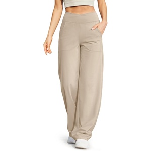 G4Free EverGoing Wide Leg Yoga Pants for Women Crossover Waist with Pockets(Light Khaki)