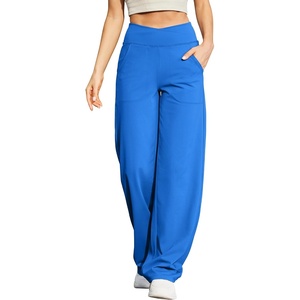 G4Free EverGoing Wide Leg Yoga Pants for Women Crossover Waist with Pockets(Strong Blue)