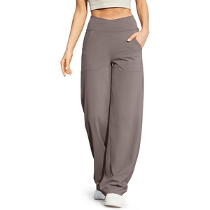 G4Free EverGoing Wide Leg Yoga Pants for Women Crossover Waist with Pockets(Taupe)
