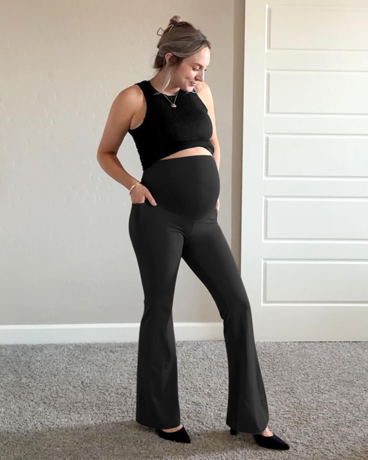 image:imageG4Free BareFeel Maternity Flare Leggings Pregnancy Dress Pants for WorkBlack