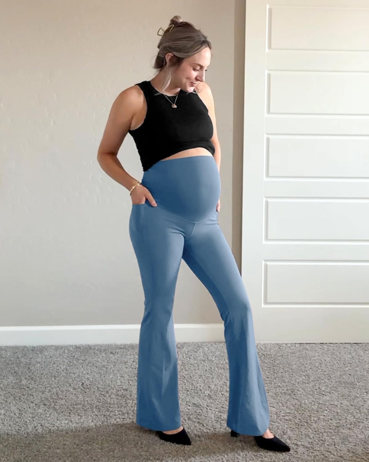 image:imageG4Free BareFeel Maternity Flare Leggings Pregnancy Dress Pants for WorkBlue Gray