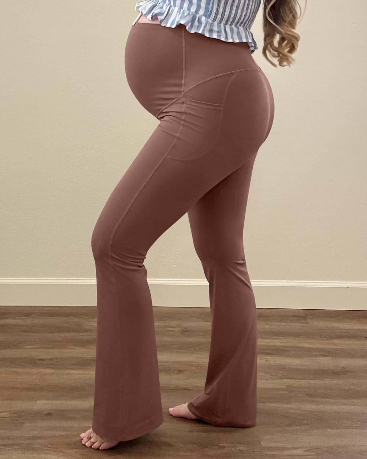 image:imageG4Free BareFeel Maternity Flare Leggings Pregnancy Dress Pants for WorkCoffee Brown