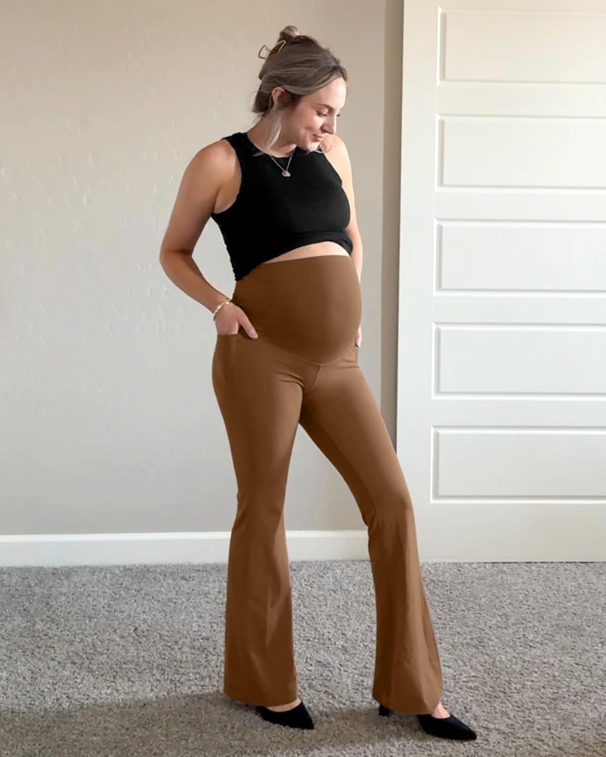 image:imageG4Free BareFeel Maternity Flare Leggings Pregnancy Dress Pants for WorkDark Coffee