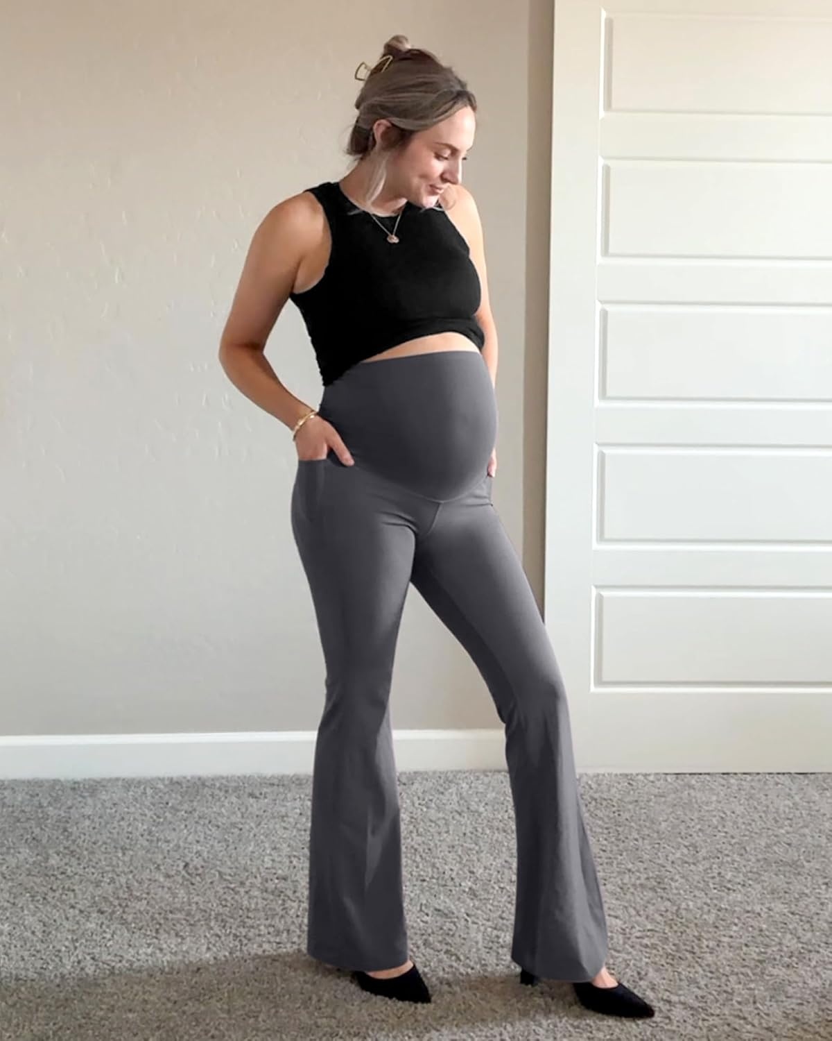 image:imageG4Free BareFeel Maternity Flare Leggings Pregnancy Dress Pants for WorkDark Gray