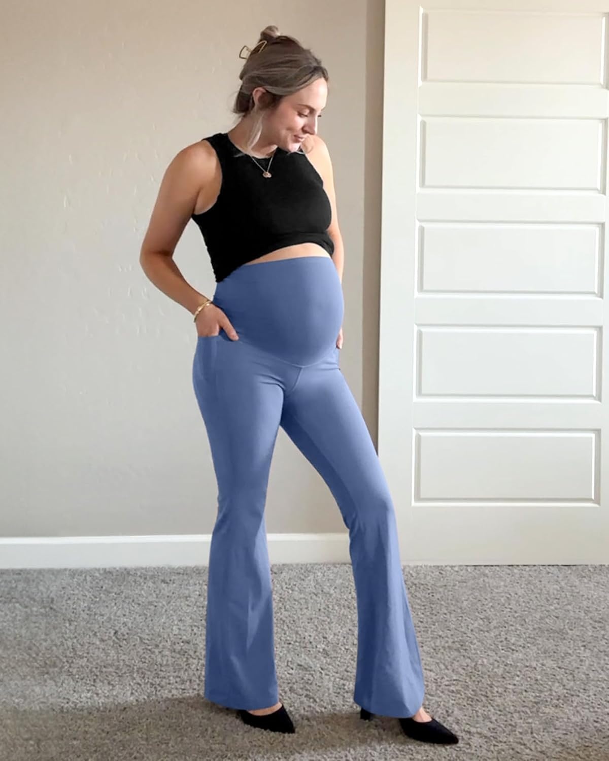 image:imageG4Free BareFeel Maternity Flare Leggings Pregnancy Dress Pants for WorkDenim Blue