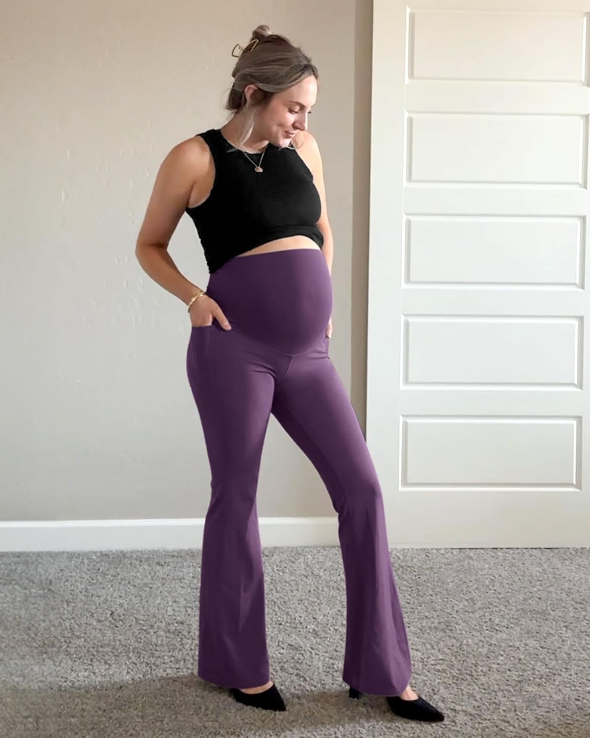 image:imageG4Free BareFeel Maternity Flare Leggings Pregnancy Dress Pants for WorkGrape Purple