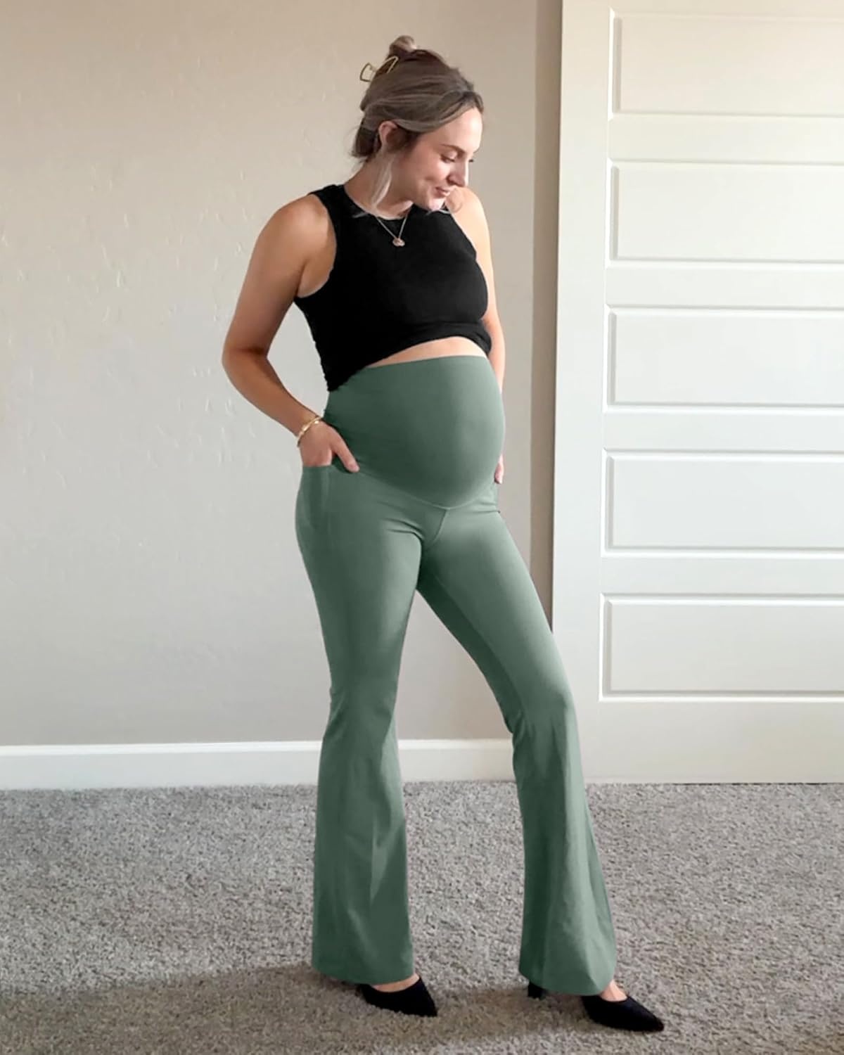 image:imageG4Free BareFeel Maternity Flare Leggings Pregnancy Dress Pants for WorkGray Sage