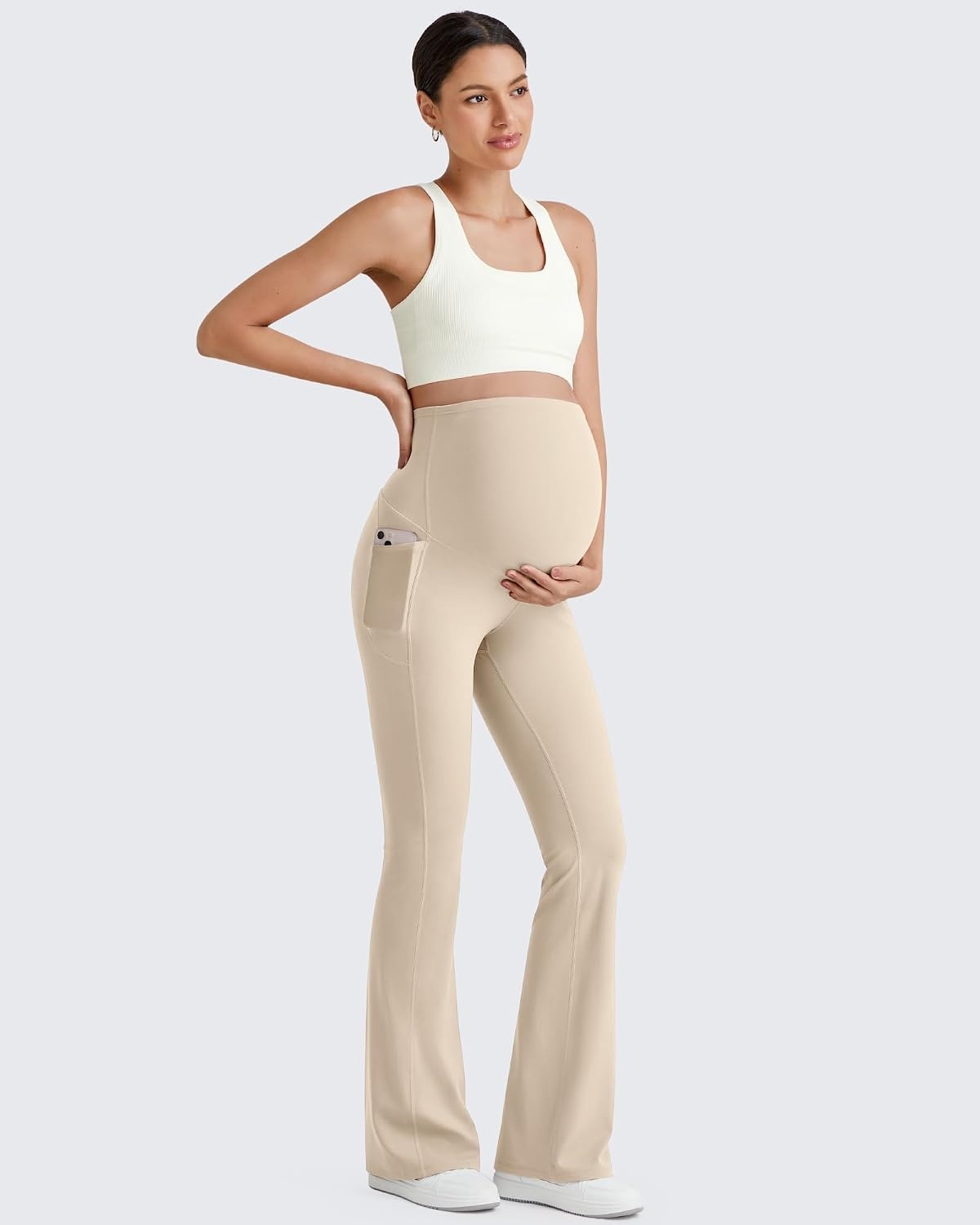 image:imageG4Free BareFeel Maternity Flare Leggings Pregnancy Dress Pants for WorkLight Khaki