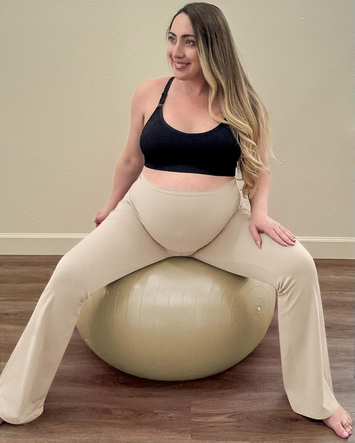 image:imageG4Free BareFeel Maternity Flare Leggings Pregnancy Dress Pants for WorkLight Khaki