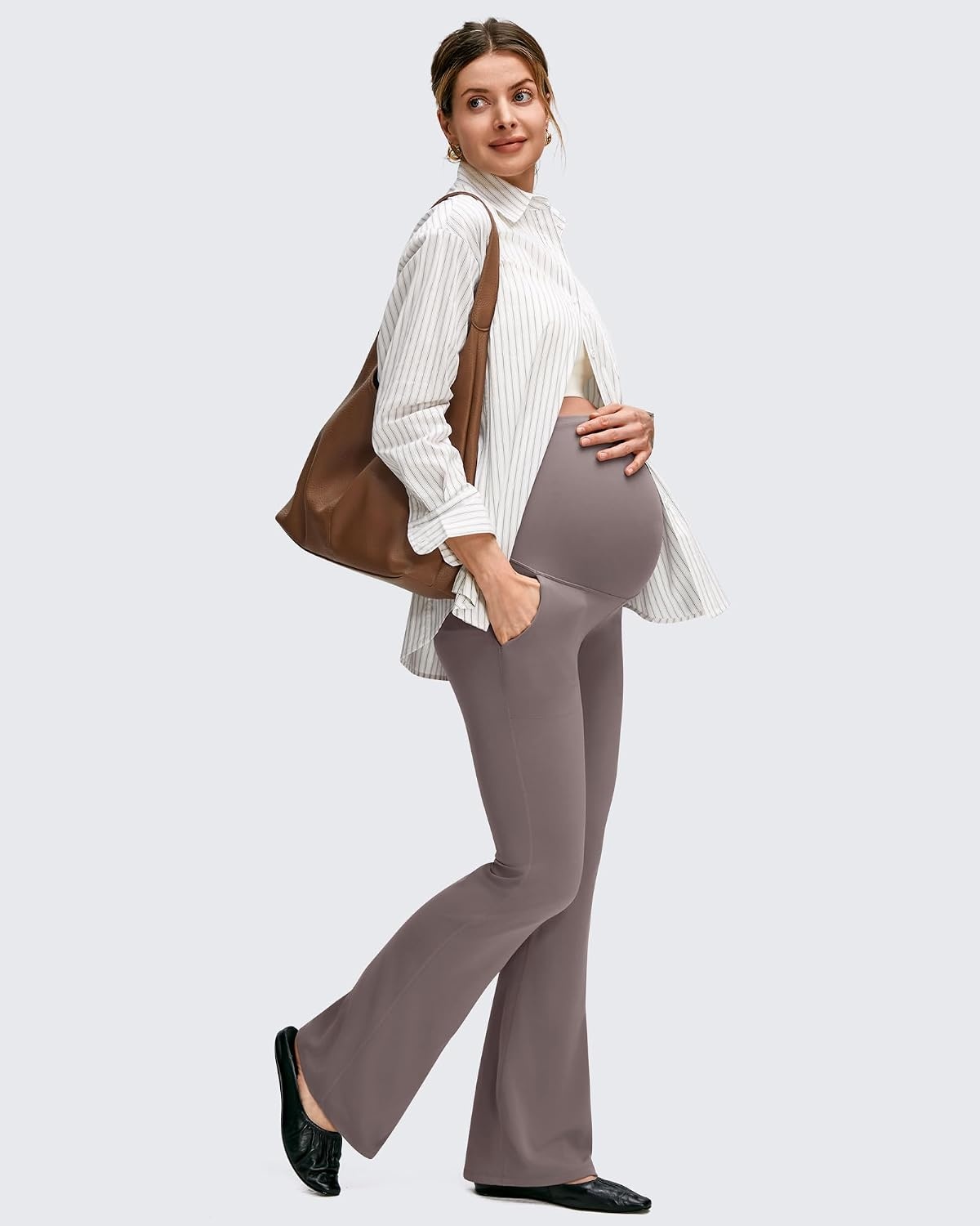 image:imageG4Free BareFeel Maternity Flare Leggings Pregnancy Dress Pants for WorkTaupe