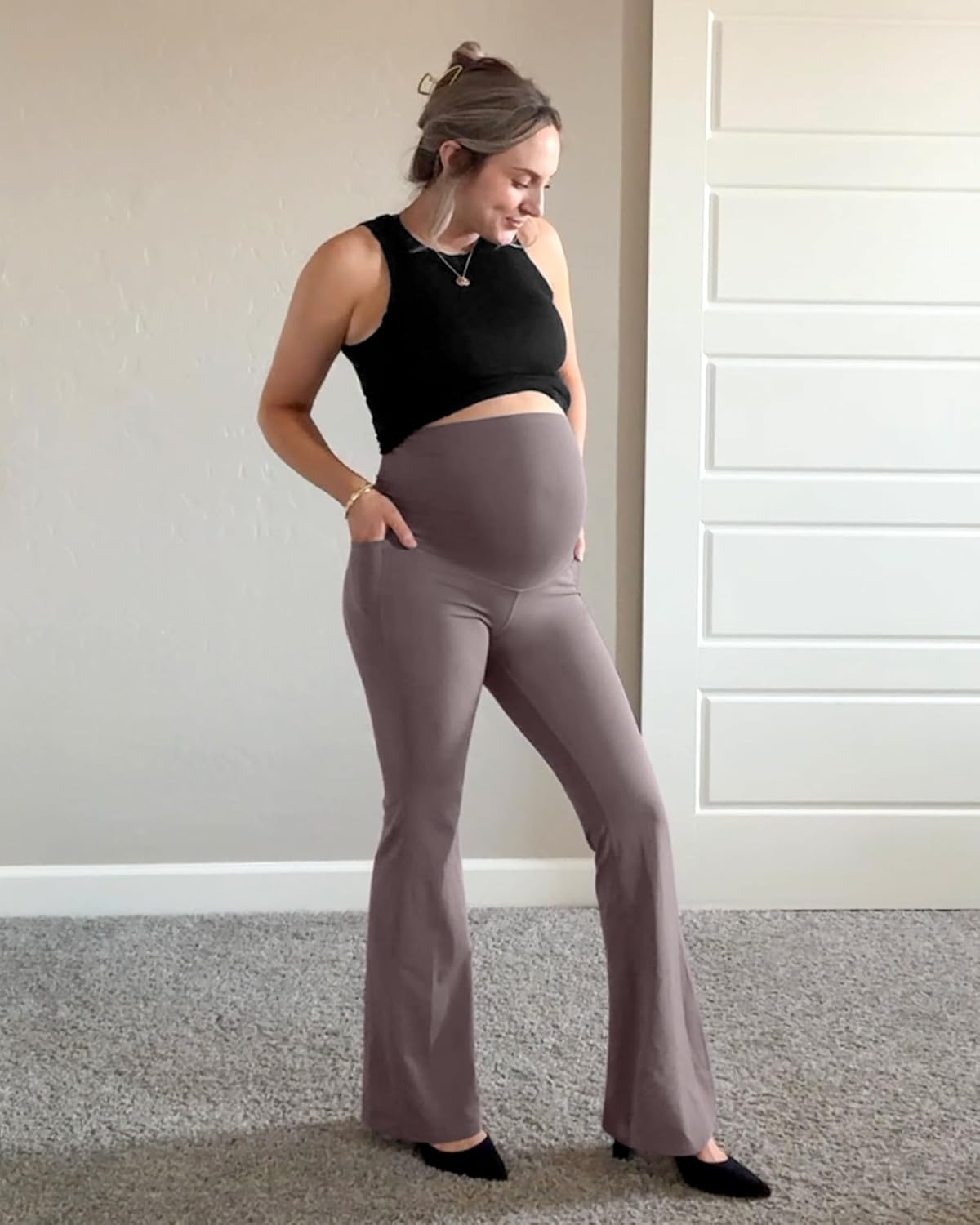 image:imageG4Free BareFeel Maternity Flare Leggings Pregnancy Dress Pants for WorkTaupe