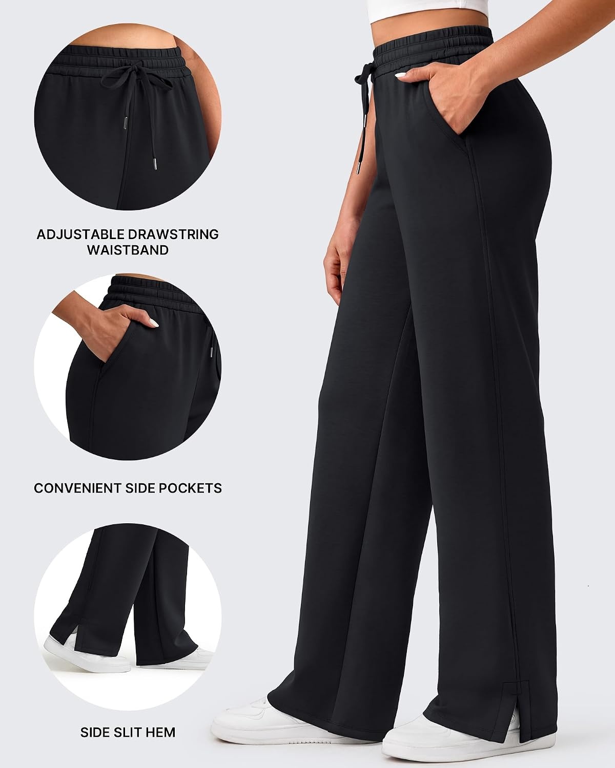 image:imageG4Free Smoofit Womens Wide Leg Sweatpants Drawstring Side SlitBlack