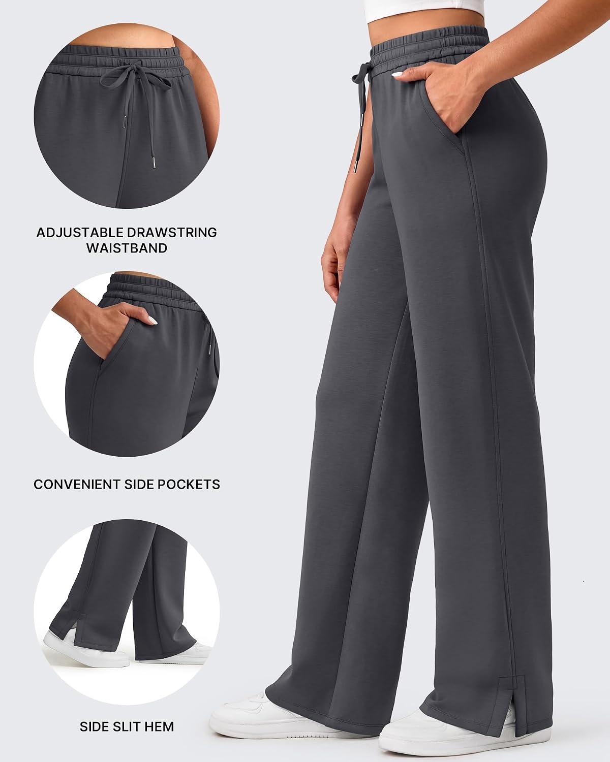 image:imageG4Free Smoofit Womens Wide Leg Sweatpants Drawstring Side SlitDark Gray