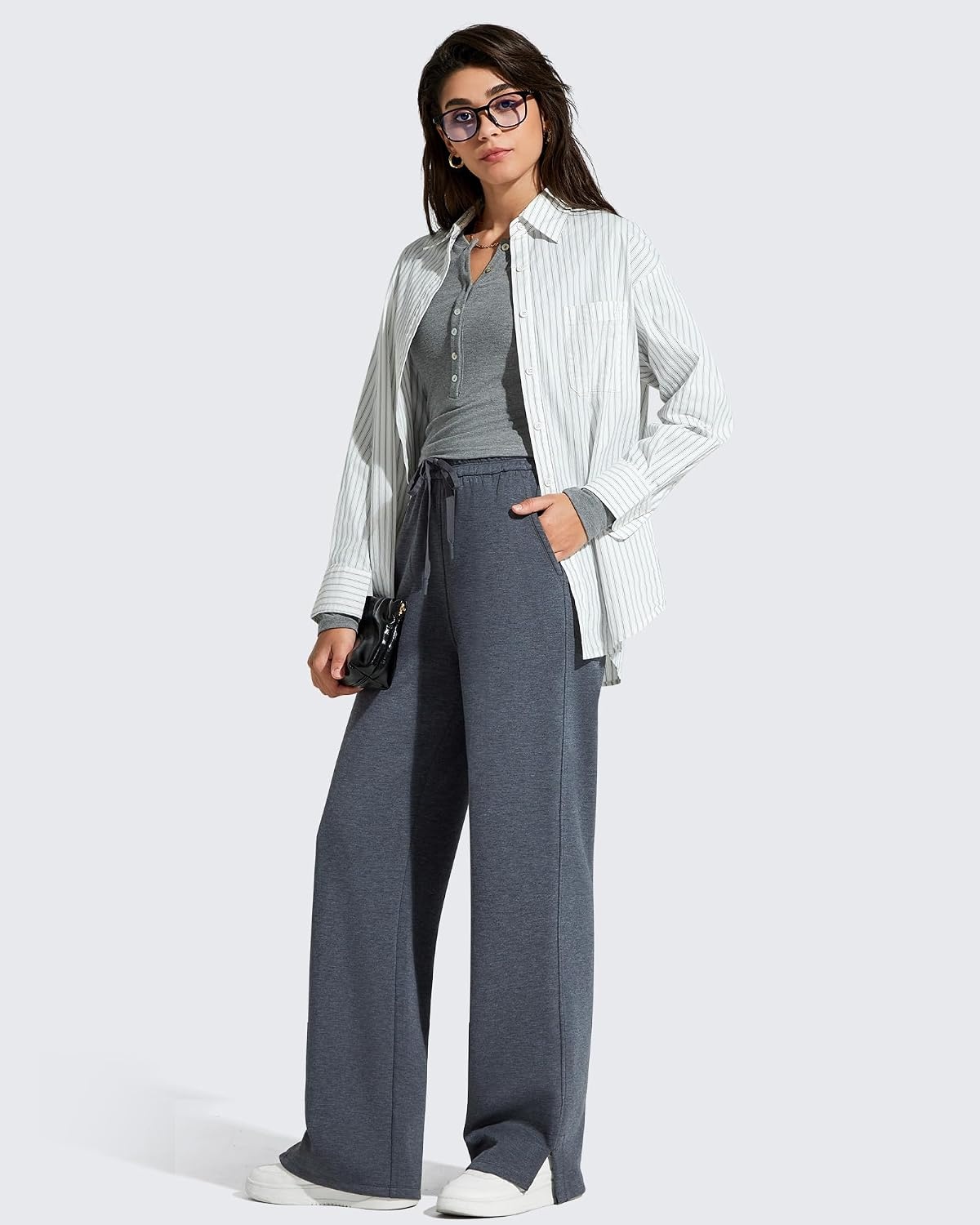 image:imageG4Free Smoofit Womens Wide Leg Sweatpants Drawstring Side SlitDark Heather