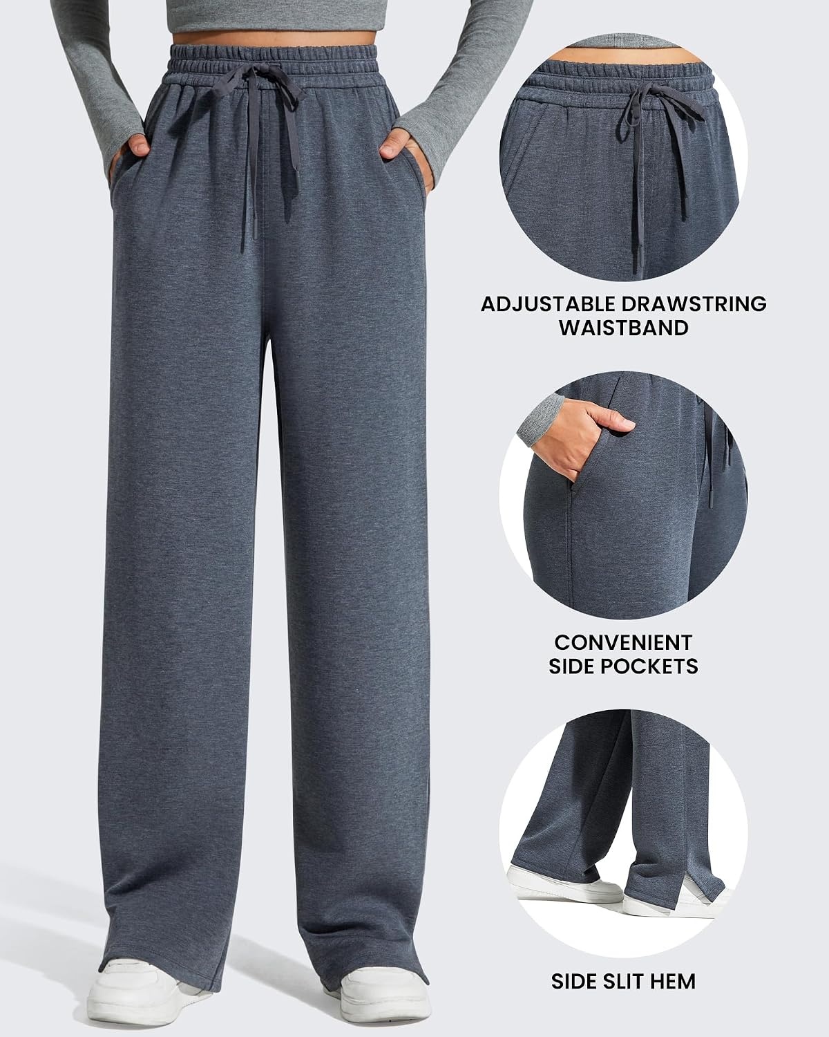 image:imageG4Free Smoofit Womens Wide Leg Sweatpants Drawstring Side SlitDark Heather