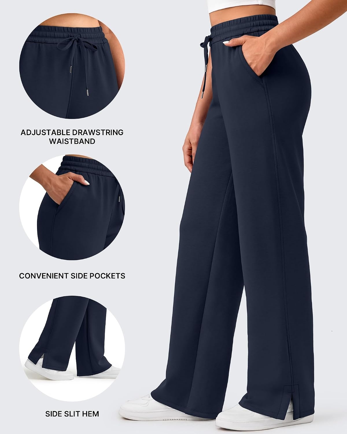 image:imageG4Free Smoofit Womens Wide Leg Sweatpants Drawstring Side SlitDark Navy