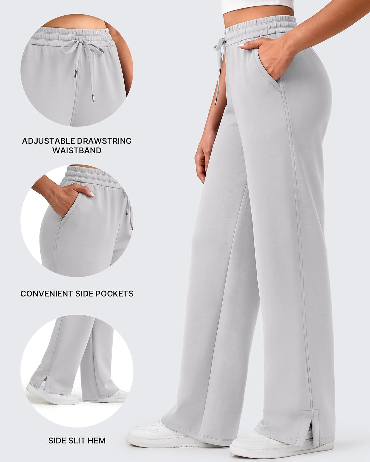 image:imageG4Free Smoofit Womens Wide Leg Sweatpants Drawstring Side SlitLight Gray