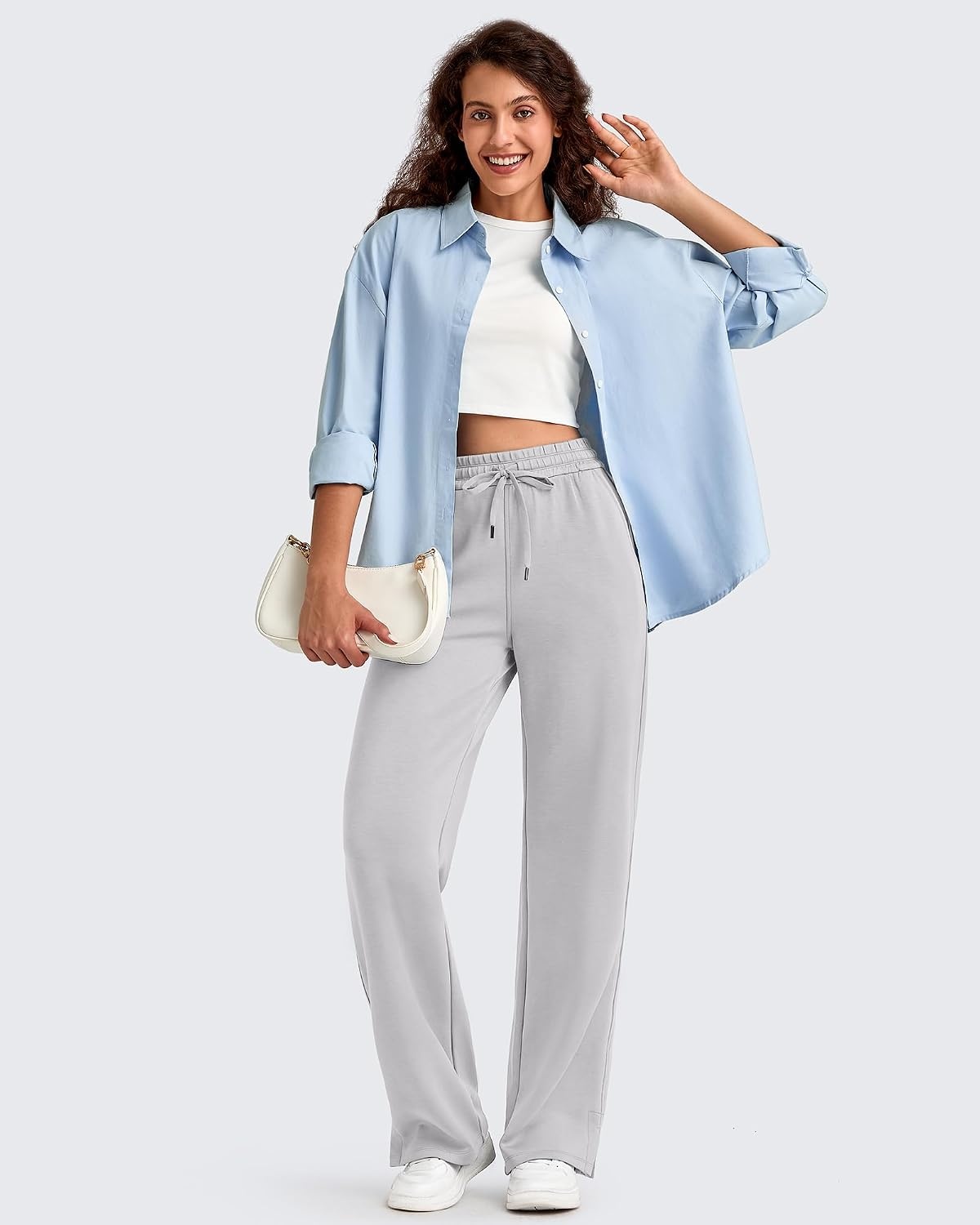 image:imageG4Free Smoofit Womens Wide Leg Sweatpants Drawstring Side SlitLight Gray