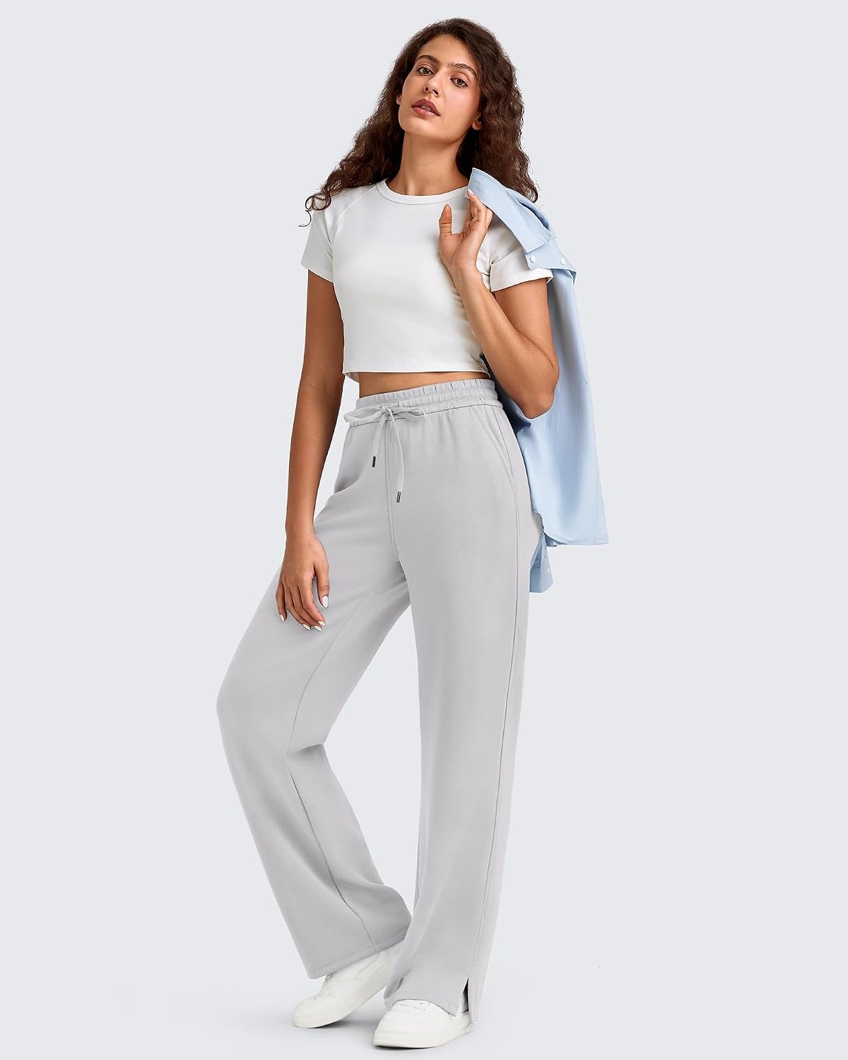image:imageG4Free Smoofit Womens Wide Leg Sweatpants Drawstring Side SlitLight Gray