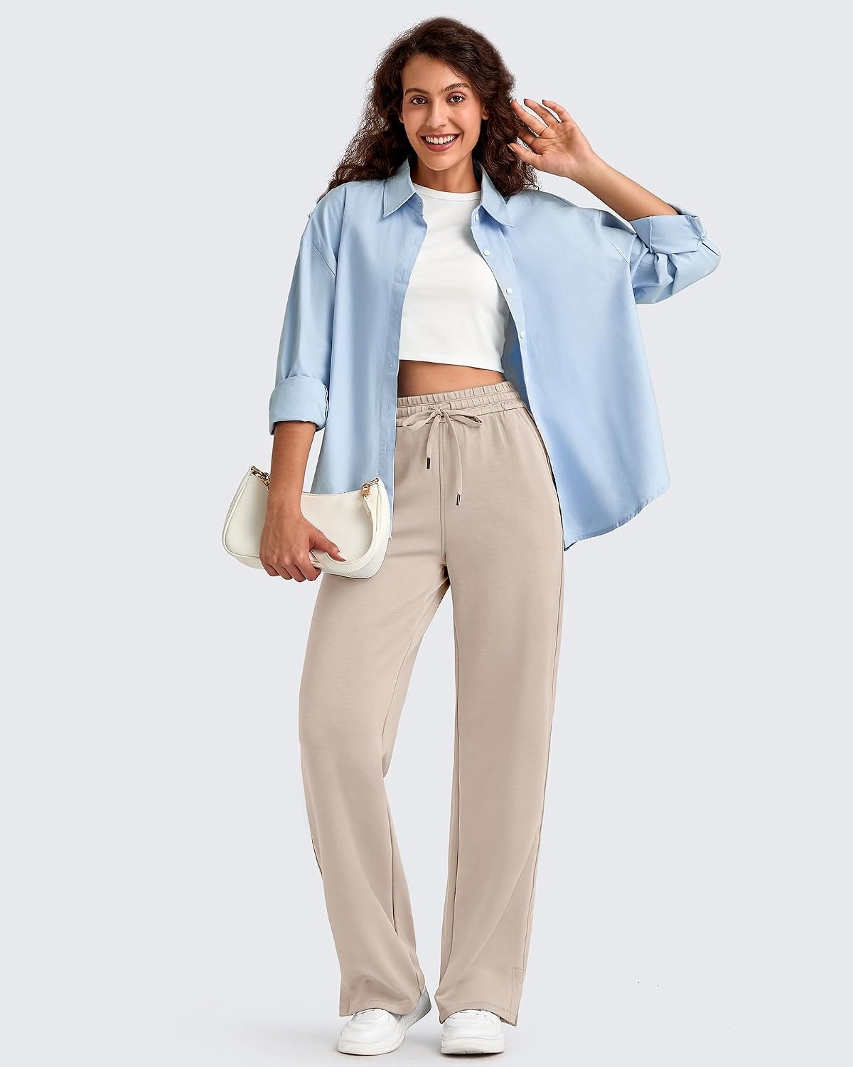 image:imageG4Free Smoofit Womens Wide Leg Sweatpants Drawstring Side SlitLight Khaki