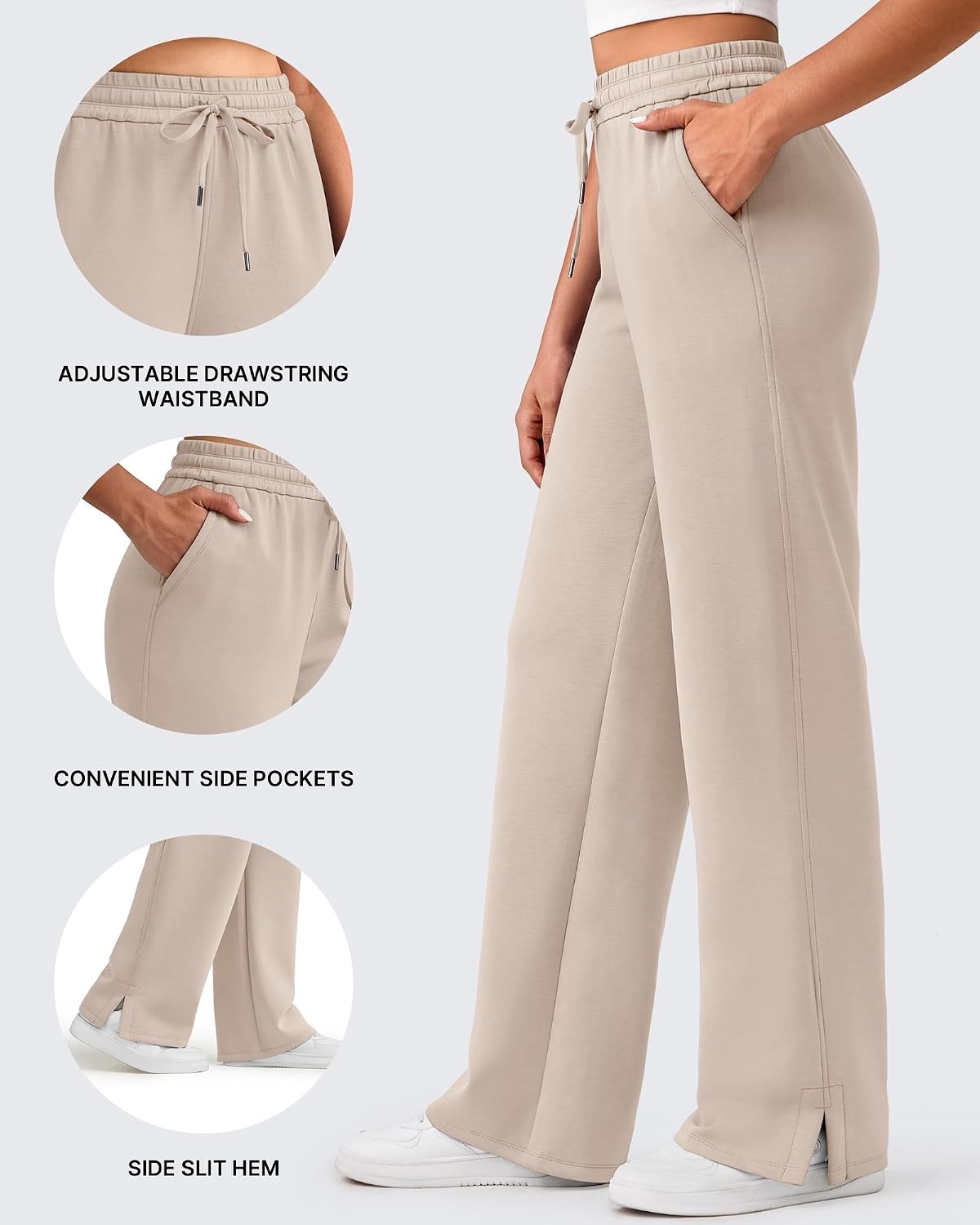 image:imageG4Free Smoofit Womens Wide Leg Sweatpants Drawstring Side SlitLight Khaki